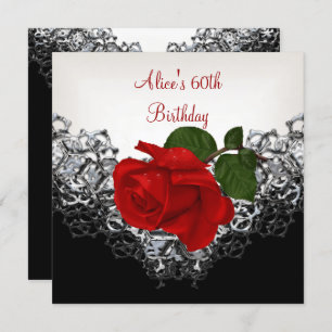 60th Birthday Lace Black White Silver RED Rose Invitation
