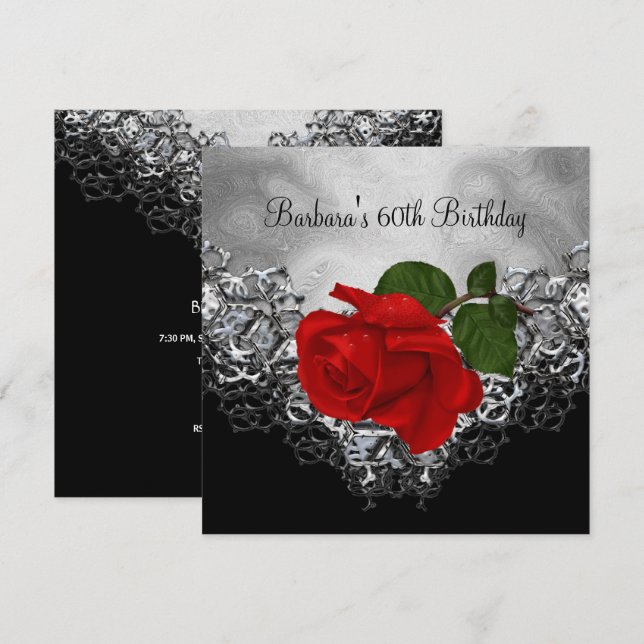 60th Birthday Lace Black White Silver RED Rose Invitation (Front/Back)