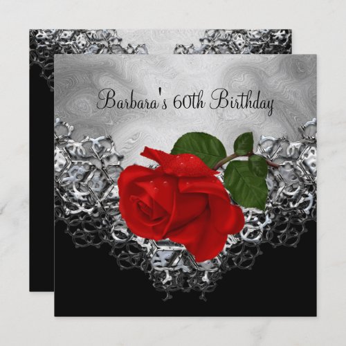 60th Birthday Lace Black White Silver RED Rose Invitation