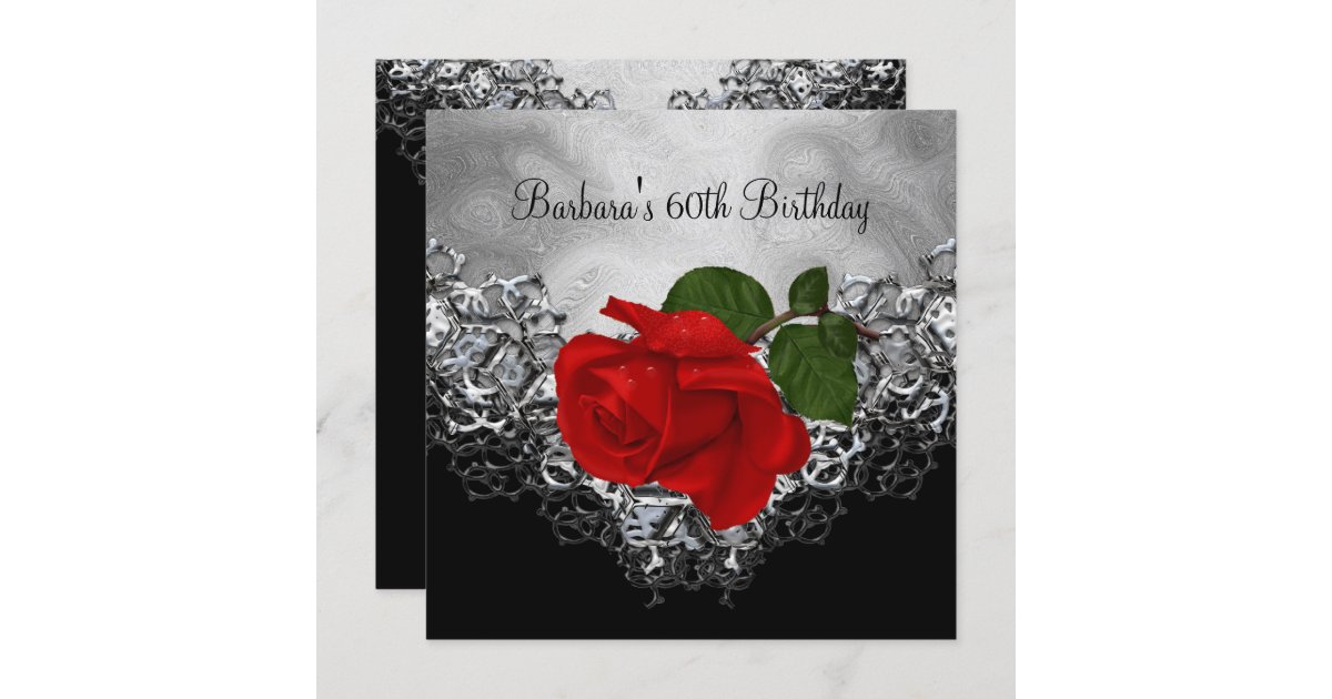 60th Birthday Lace Black White Silver RED Rose Invitation | Zazzle