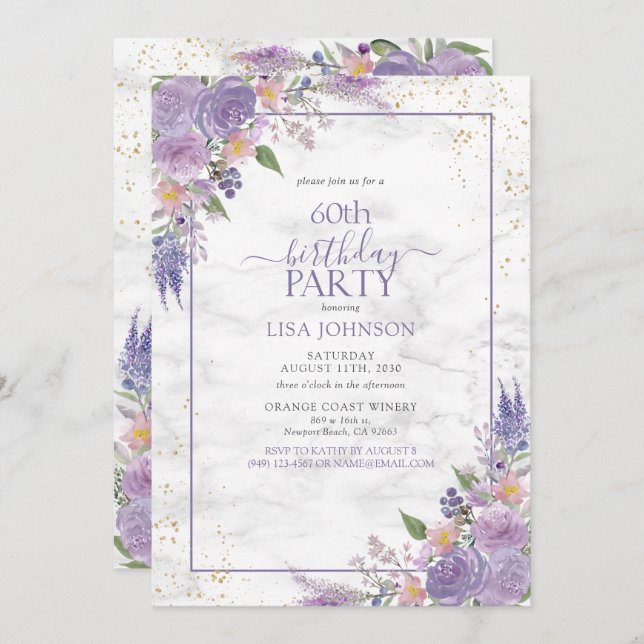 60th Birthday Lavender Lilac Marble Gold Botanical Invitation (Front/Back)