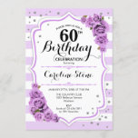 60th Birthday - Lavender White Purple Flowers Invitation<br><div class="desc">60th Birthday Invitation.
Elegant white lavender design with faux glitter. Silver and white stripes with purple lilac roses. Perfect for an elegant sixtieth birthday party.</div>