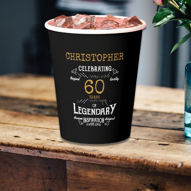 60th Birthday Legendary Black Gold Retro Paper Cups (For those celebrating their 60th birthday we have the ideal birthday party cups)