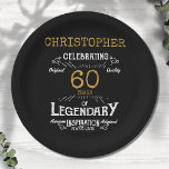 60th Birthday Legendary Black Gold Retro Paper Plates<br><div class="desc">For those celebrating their 60th birthday we have the ideal birthday party plates with a vintage feel. The black background with a white and gold vintage typography design design is simple and yet elegant with a retro feel. Easily customize the text of this birthday plate using the template provided. Part...</div>