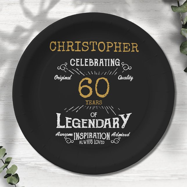 60th Birthday Legendary Black Gold Retro Paper Plates (For those celebrating their 60th birthday we have the ideal birthday party plates)