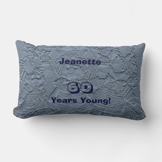 60th Birthday Light Silver Blue Dolls, Name,  Lumbar Pillow (Front)