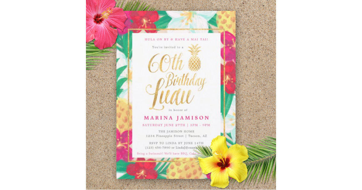 60th Birthday Luau Invitations | Pink & Gold | Zazzle