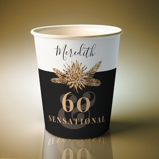 60th Birthday Luxury Golden Flowers Elegant Classy Paper Cups (Creator Uploaded)