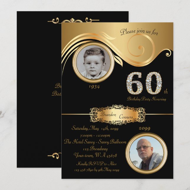 60th,Birthday Man 60th,elegant art deco,black gold Invitation (Front/Back)