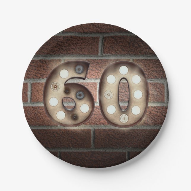 60th birthday marquee sign on brick wall paper plates (Front)