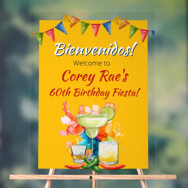 60th Birthday Mexican Fiesta Bienvenidos Welcome Acrylic Sign (Neutral)