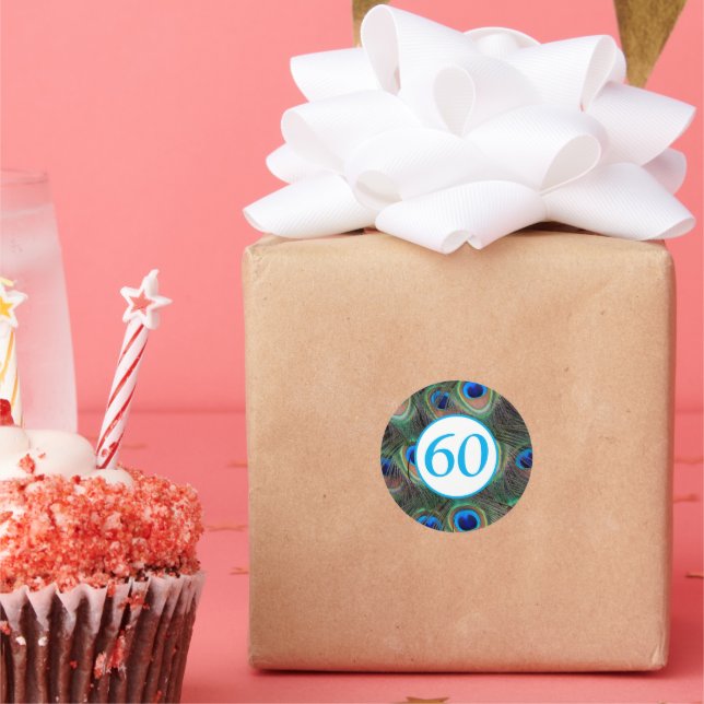 60th Birthday Milestone Peacock Feathers Classic Round Sticker (Party)