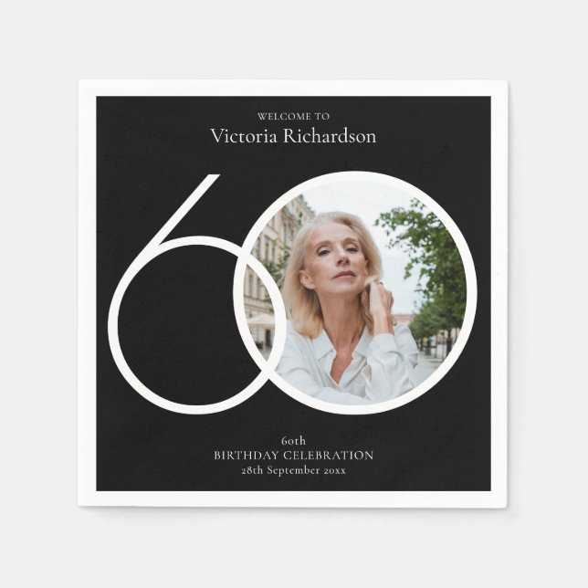 60th Birthday Minimalist Black White Custom Photo  Napkins (Front)