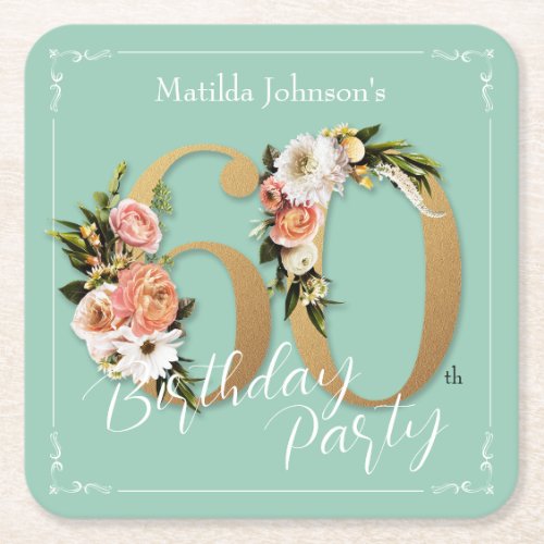 60th Birthday Mint Gold Floral Glamorous Pretty  Square Paper Coaster