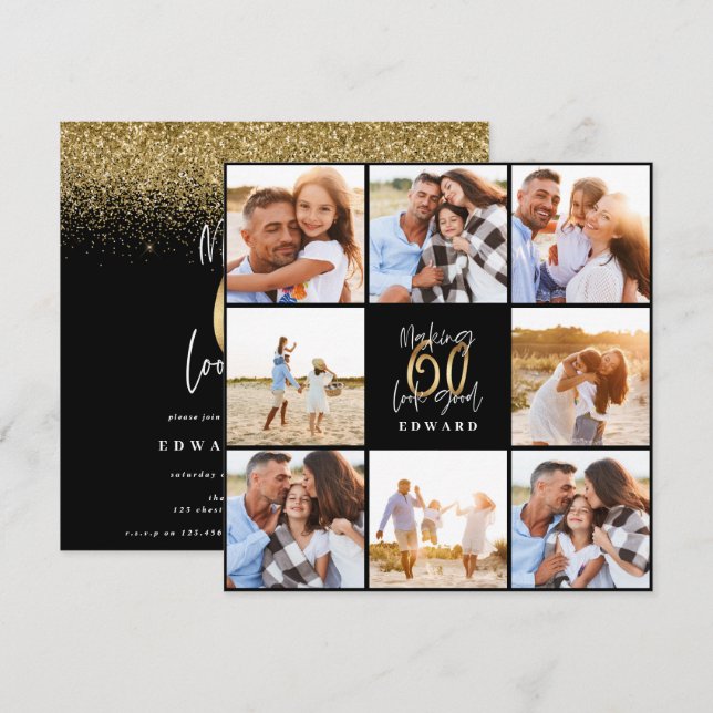 60th birthday modern black and gold photo collage (Front/Back)