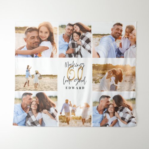 60th birthday modern black and gold photo collage tapestry