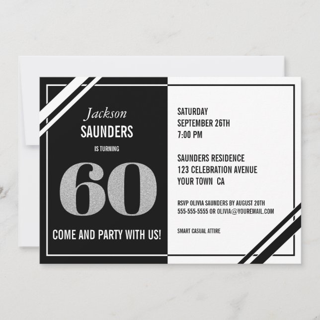 60th Birthday Modern Black and White Party Invitation (Front)