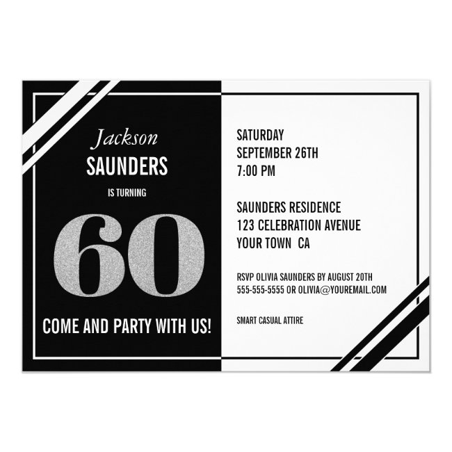 60th Birthday Modern Black and White Party Invitation
