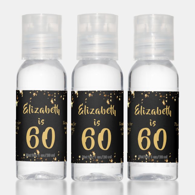 60th Birthday Modern Black Gold Stars Favor Gift Hand Sanitizer (Set)