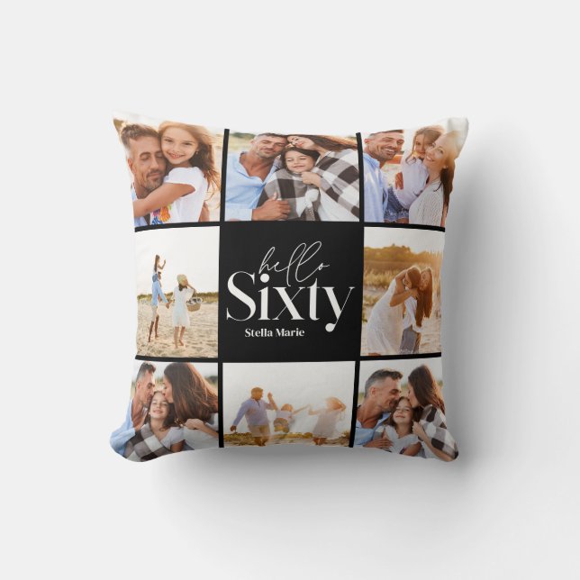 60th birthday modern black photo collage simple throw pillow (Front)