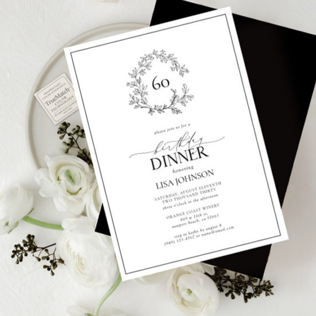 60th Birthday Modern Black & White Leafy Crest Invitation (Creator Uploaded)