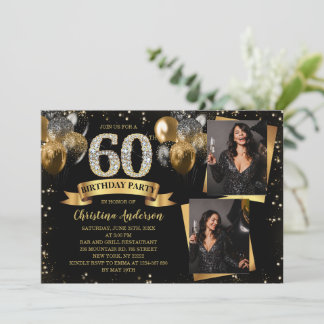 60th Birthday Modern Gold Glitter Balloons 2 Photo Invitation