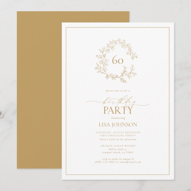 60th Birthday Modern Gold Leafy Crest Invitation (Front/Back)