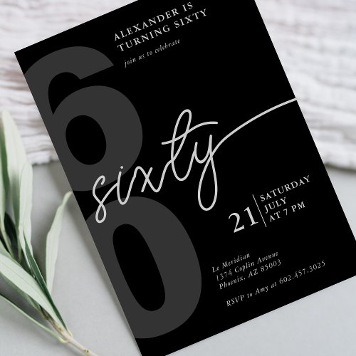 60th Birthday Modern Minimalist Black Gray  Invitation