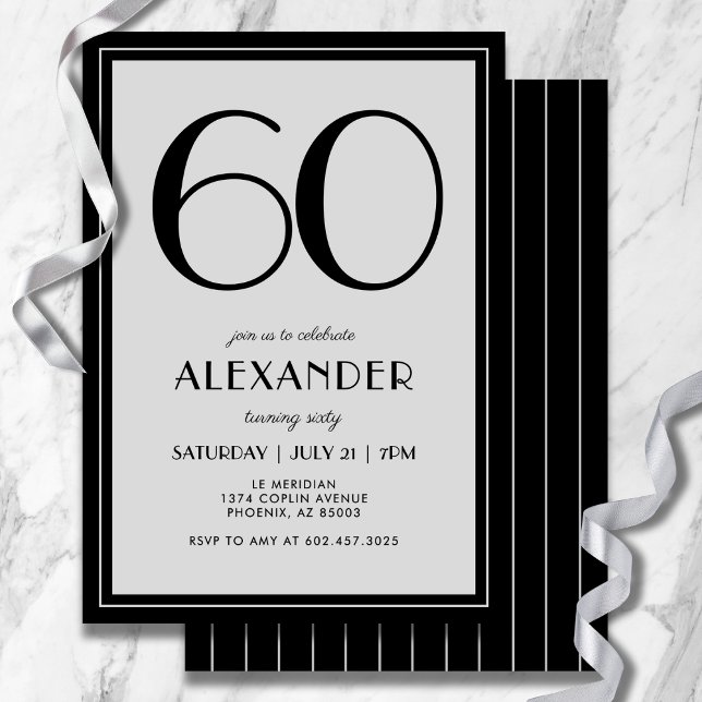 60th Birthday Modern Minimalist Mens Black Gray Invitation (Modern black and light gray design—minimal, bold, and effortlessly stylish.)