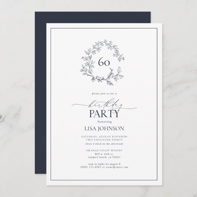 60th Birthday Modern Navy Blue Leafy Crest Invitation (Front/Back)