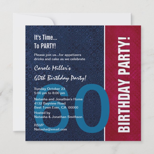 60th Birthday Modern Red Blue White Metallic v8 Invitation (Front)