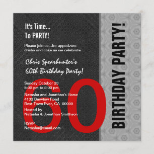60th Birthday Modern Red Silver Black C946 Invitation