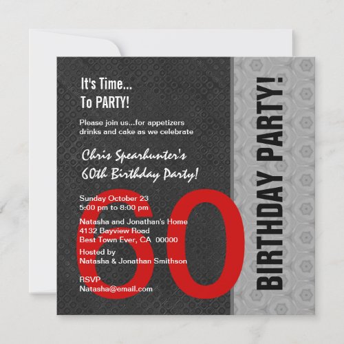 60th Birthday Modern Red Silver Black C946 Custom Invite
