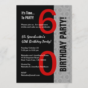 60th Birthday Modern Red Silver Black D845 Invitation