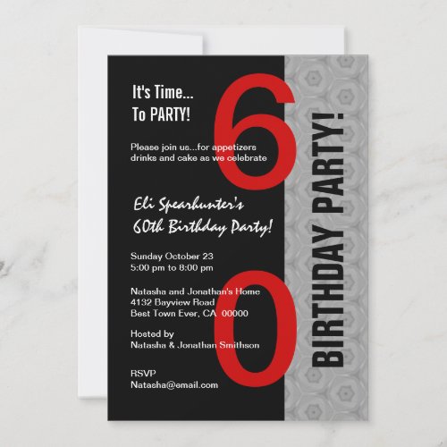 60th Birthday Modern Red Silver Black D845 Invitation