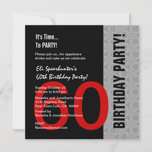 60th Birthday Modern Red Silver Black Funny D844 Invitation (Front)