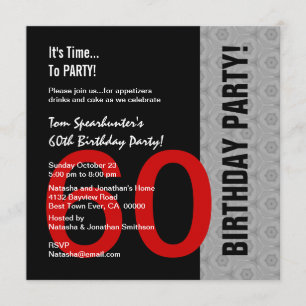 60th Birthday Modern Red Silver Black Funny W1471 Invitation