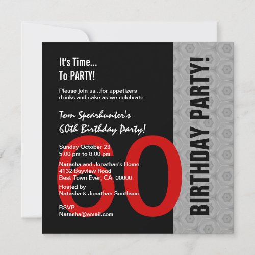 60th Birthday Modern Red Silver Black Funny W1471 Invitations
