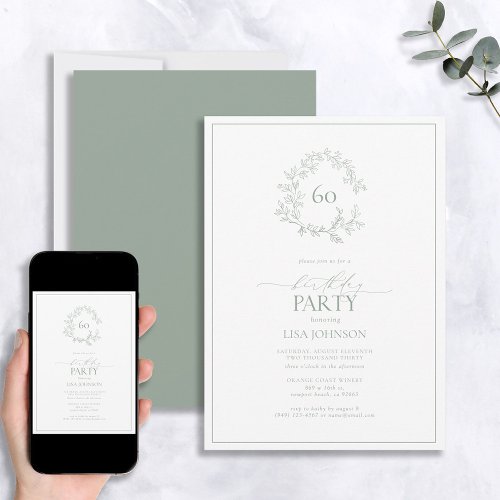 60th Birthday Modern Sage Green Leafy Crest Invitation