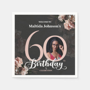 60th Birthday Moody Floral Pink Custom Photo Napkins