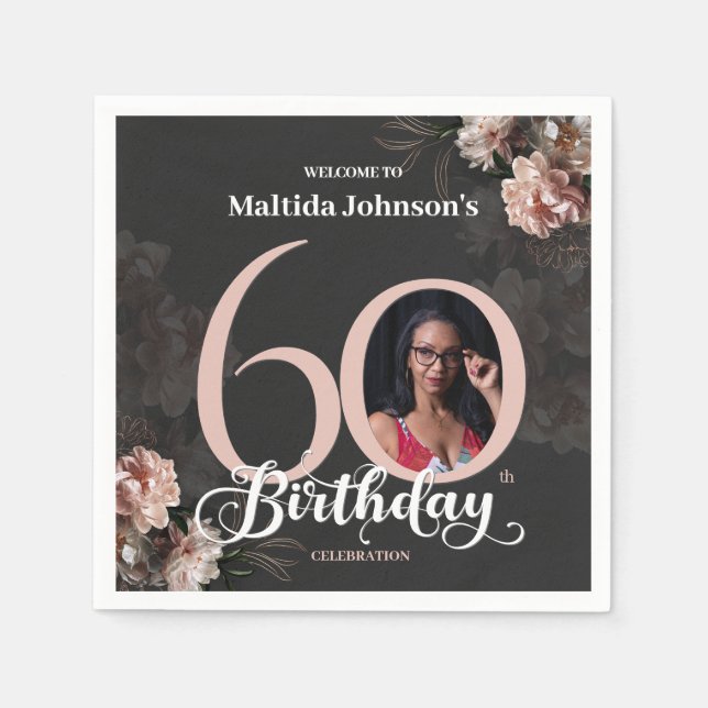 60th Birthday Moody Floral Pink Custom Photo Napkins (Front)