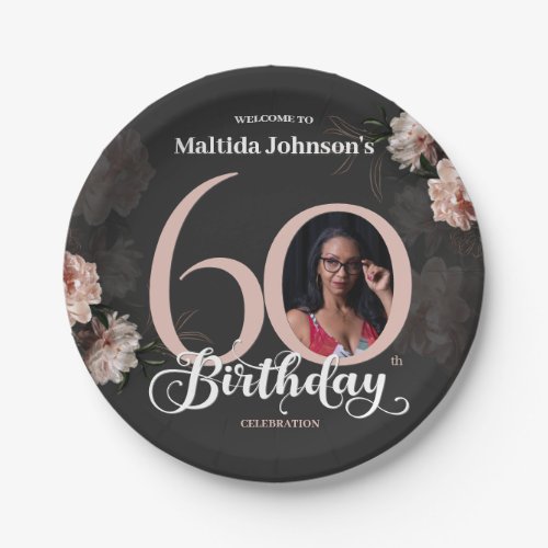 60th Birthday Moody Floral Pink Custom Photo Paper Plates
