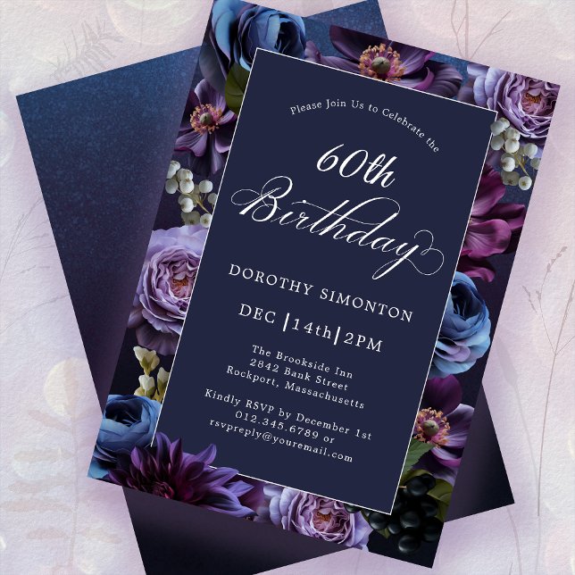 60th Birthday Moody Purple Flower Invitation (Creator Uploaded)