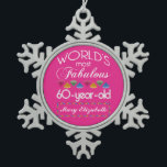 60th Birthday Most Fabulous Colorful Gems Pink Snowflake Pewter Christmas Ornament<br><div class="desc">Celebrate the milestone birthday of your favorite senior citizen with this fun gift reminding them of how fabulous they are. White and grey lettering on deep pink background. Colorful diamond-cut gems in rainbow tones serve as accent. Customize with names, initials or other text. This series is in increments of 5...</div>