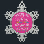 60th Birthday Most Fabulous Colorful Gems Pink Snowflake Pewter Christmas Ornament<br><div class="desc">Celebrate the milestone birthday of your favorite senior citizen with this fun gift reminding them of how fabulous they are. White and grey lettering on deep pink background. Colorful diamond-cut gems in rainbow tones serve as accent. Customize with names, initials or other text. This series is in increments of 5...</div>