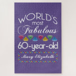 60th Birthday Most Fabulous Colorful Gems Purple Jigsaw Puzzle<br><div class="desc">Celebrate the milestone birthday of your favorite senior citizen with this fun gift reminding them of how fabulous they are. White and grey lettering on ultra violet or purple background. Colorful diamond-cut gems in rainbow tones serve as accent. Customize with names, initials or other text. This series is in increments...</div>