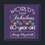 60th Birthday Most Fabulous Colorful Gems Purple Magnet<br><div class="desc">Celebrate the milestone birthday of your favorite senior citizen with this fun gift reminding them of how fabulous they are. White and grey lettering on deep purple background. Colorful diamonds in rainbow tones serve as accent. Customize with names, initials or other text. This series is in increments of 5 years...</div>