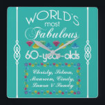 60th Birthday Most Fabulous Group of Friends Gems Square Wall Clock<br><div class="desc">Celebrate the milestone birthday of your favorite group of senior citizens with this fun gift reminding them of how fabulous they are. White and grey lettering with colorful diamond-cut gems in rainbow tones. Customize with names, initials or other text. This series is in increments of 5 years (95, 90, 85,...</div>