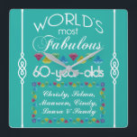 60th Birthday Most Fabulous Group of Friends Gems Square Wall Clock<br><div class="desc">Celebrate the milestone birthday of your favorite group of senior citizens with this fun gift reminding them of how fabulous they are. White and grey lettering with colorful diamond-cut gems in rainbow tones. Customize with names, initials or other text. This series is in increments of 5 years (95, 90, 85,...</div>