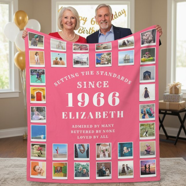 60th Birthday Mother Family Photo collage Pink Fleece Blanket (Born 1966 pink fleece photo blanket held by a couple.)